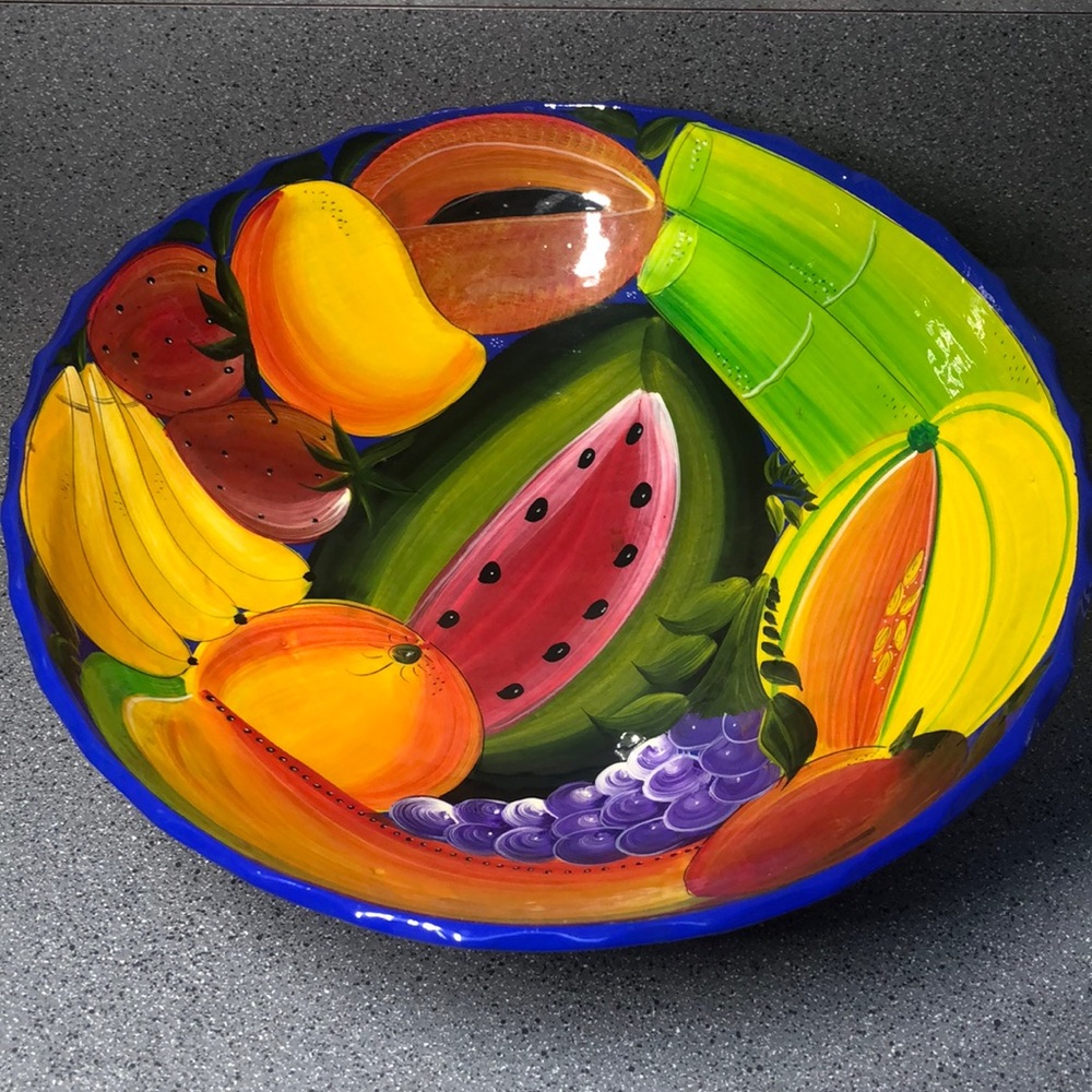 Fruit Bowl 🍉 🍌 🍓 🍑 🍊 🍎 🥭 🍇 🥒 Zihuatanejo Mexico 🇲🇽 12” Ceramic